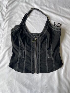 vintage bebe Black Halter Zip Front Top with White Stitching